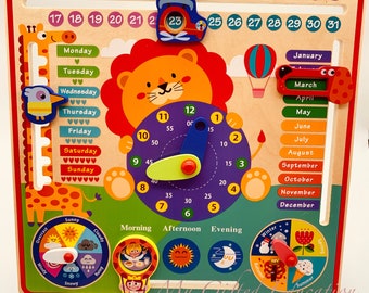 7-in-1 Wooden Kids Learning Calendar - Clock, Days, Months, Weather, Seasons- Montessori Waldorf STEM Toddler Preschool Homeschool Classroom