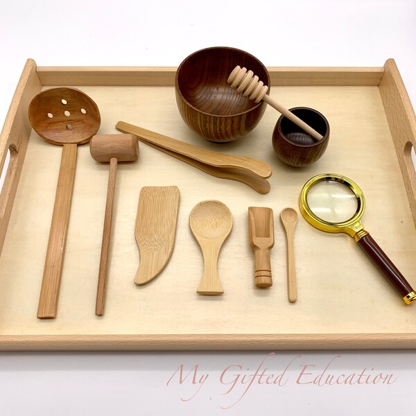 11Pc Montessori Waldorf Sensory Bin Tools - Parte sciolta sensoriale in legno Gioco di finzione - Regalo per bambini in età prescolare - Aula homeschool