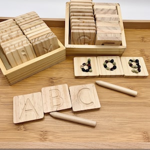 Wooden Moveable Alphabet Tracing Board Stylus & Storage Box -Upper Case Lower Case- Preschool Toddler Sensorial Phonics - Montessori Waldorf