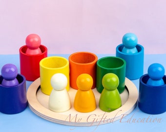 Wooden Montessori Waldorf Rainbow Color Matching Sorting Stacking Cups- Peg Doll People- Kids Gift - Baby Toddler -Natural Learning Toy Home