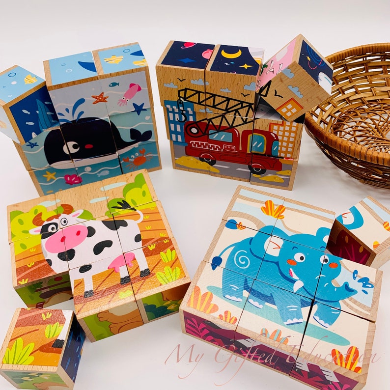 Set of 2 Wooden Block 3D Puzzles 9 Cubes Animals, Transportation, Ocean Montessori Waldorf STEM Learning Toy Toddler Preschool Both Sets(4 puzzles)