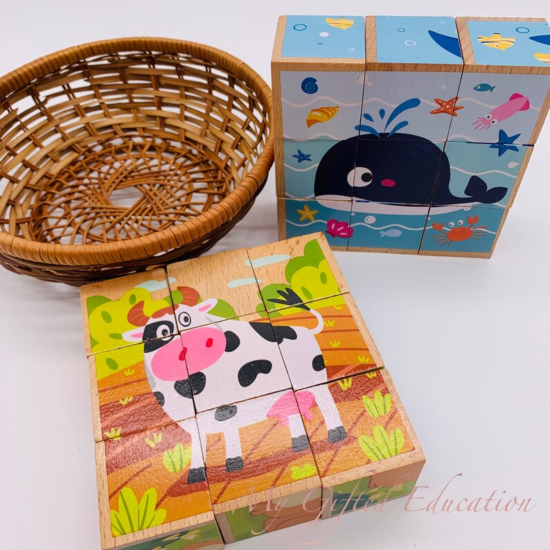 Set of 2 Wooden Block 3D Puzzles 9 Cubes Animals, Transportation, Ocean Montessori Waldorf STEM Learning Toy Toddler Preschool Happy Farm + Ocean