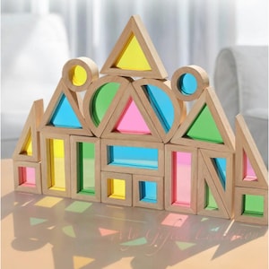 24Pcs Acrylic Wooden Rainbow Geometric Shapes Building Blocks Stacking - STEM Learning - Preschool Kindergarten Montessori Waldorf Gift