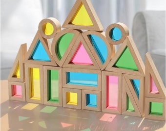 24Pcs Acrylic Wooden Rainbow Geometric Shapes Building Blocks Stacking - STEM Learning - Preschool Kindergarten Montessori Waldorf Gift