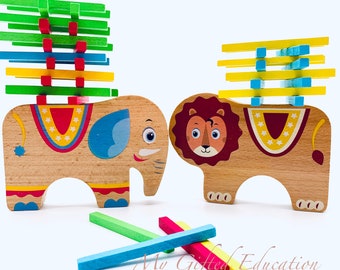 Wooden Balancing Stacking Sticks Elephant Lion - STEM Toy Building - Gift Kids - Montessori Waldorf Toddler Toy - Preschool Homeschool Class