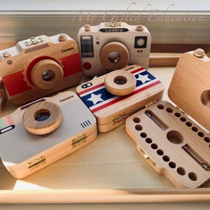 Children Wooden Toy Camera Baby Tooth Box Keepsake - Newborn Photo Prop Pretend Play Nursery Decor - Baby Toddler Preschool Gift Tooth Fairy