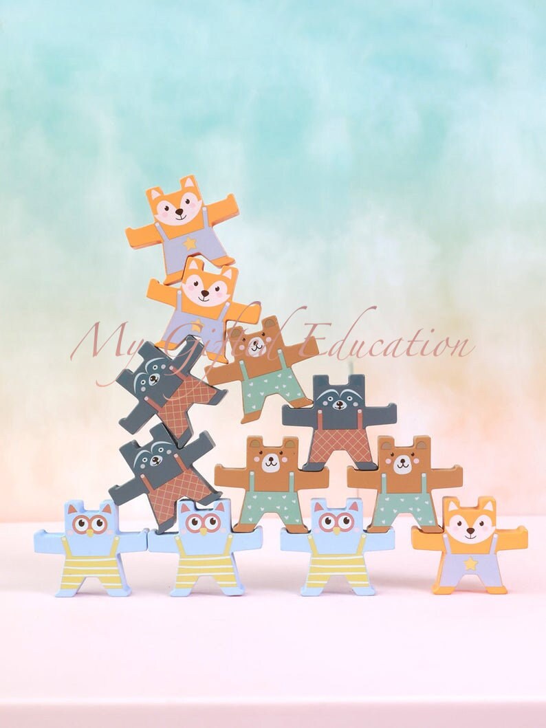 Wooden Stacking Balance Bears Mixed Color Wood Balance Game Etsy