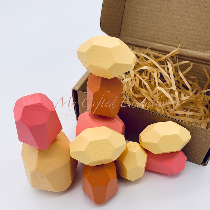 Wooden Stacking Balancing Rainbow Stones Montessori Waldorf Balancing Toy Rock Blocks Toddler Preschool Sensorial STEM Toy Easter Gift image 3