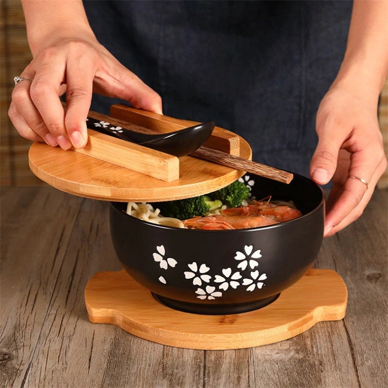 Japanese Style Noodle Bowl Ceramic Ramen Bowl Set with Lid Etsy