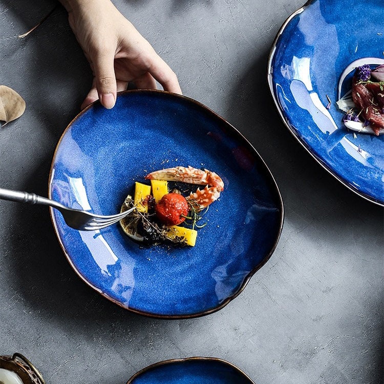 Deep Blue Irregular Ceramic Nordic Dinner Plate Handmade Etsy
