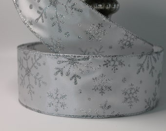 Christmas Wired Ribbon 50 yards Frozen glitter snowflakes in silver on solid white background. 2.5&quot; wide. wreaths, bows. low/cheap cost