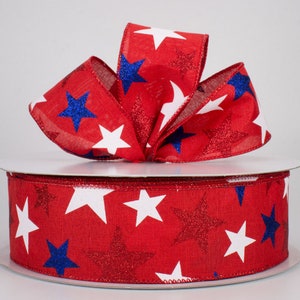 50yds x 2.5” Patriotic Star Red with white blue stars wired ribbon Patriotic 4th of July stars stripes cute