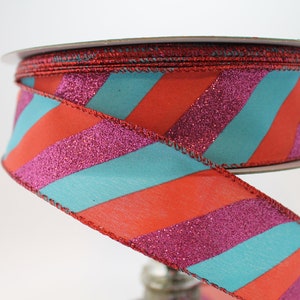 Drahtisches Weihnachtsband 50m Fuchsia türkis pink rot fröhlich regenbogen Urlaub Streifen Zuckerstange drollig Spaß Premium Qualität