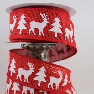 10yds herten en kerstboom in wit op rood jute lint met koord boerderij rustieke stijl bedraad lint 1,5" breed. kransen strikken lage kosten