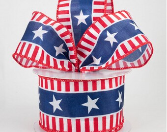 10yds x 2.5” wired ribbon stars and stripes SATIN WHITE with red and blue Patriotic 4th of July Red white blue farmhouse trendy cute flag