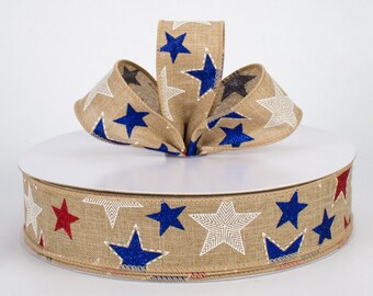50yds x 1.5” glitter red white blue stars wired ribbon natural. Patriotic 4th of July Red white blue farmhouse trendy stars stripes cute