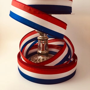 10 yards. Red white Blue striped 1.5&quot; x 10yds wired ribbon; 4th of july, farmhouse patriotic wired ribbon wired ribbon. red white blue