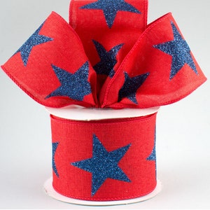 10m x 2,5” gedrahtetes Band rot mit blauen Sternen glitzernden Flaggen rot rot weiß blau mit Glitter-Sternchen