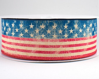 50yds x 2.5” stars & stripes flag ribbon wired. Tan, red, blue Patriotic 4th of July Red white blue farmhouse trendy stars stripes cute