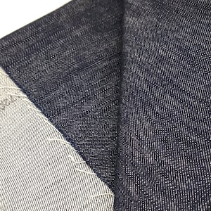 May include: Close-up of two pieces of dark blue denim fabric. The fabric has a textured weave and a slightly faded appearance.