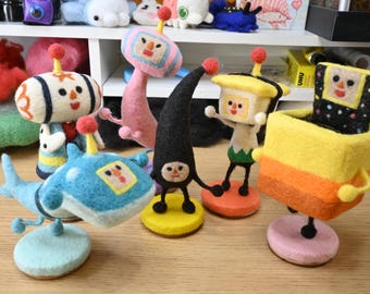 Needle felted katamari cousins