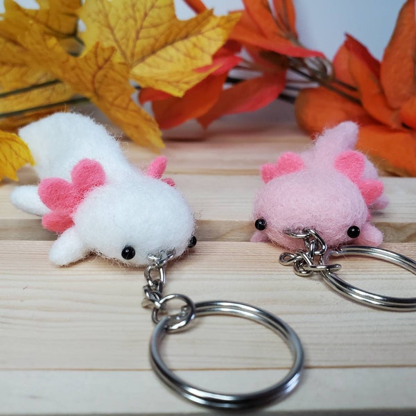 Needle felted axolotl keychains