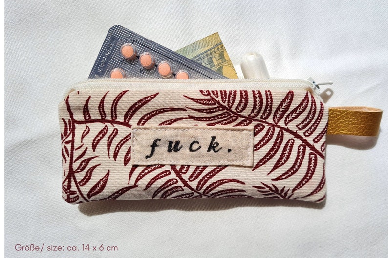Pillenetui ' Fuck ' mit Reißverschluss, kleines Portemonnaie, Mini Tasche aus Stoff für Tampon, Kondome gold feministisch Hülle Deutschland Bild 8