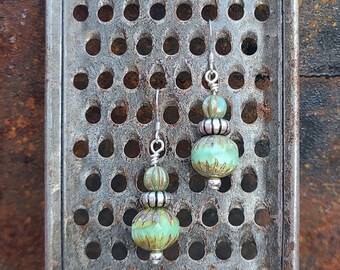 Beaded Earrings; Handmade and Wire-Wrapped with Mint Green Czech Glass Beads, Czech Melon Beads and Silver Spacer Beads; Sterling Ear Wires