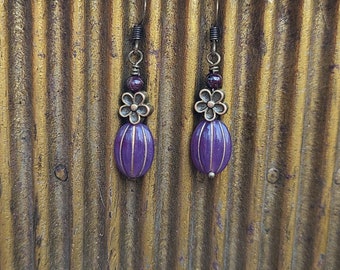 Beaded Earrings; Handmade with Amethyst Glass Czech Melon Beads, Brass Daisy Beads and Tiny Amethyst Spacer Beads; Bronze Ear Wires