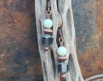 Beaded Earrings; Handmade with Montana Blue Czech Glass Cathedral Beads, Frosted Glass Beads and Copper Spacer Beads; Copper Ear Wires
