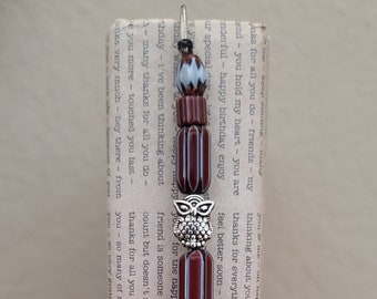 Beaded Bookmark w/Owl; Handmade with Glass Chevron Beads; Unisex; Customizable Colors; Silver Bookmark