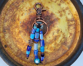 Key Chain/Purse/Backpack Accessory; Handmade w/Chevron Beads; Unisex; Copper Hamsa Bead; Your Choice of Colors & Key Chain Metal