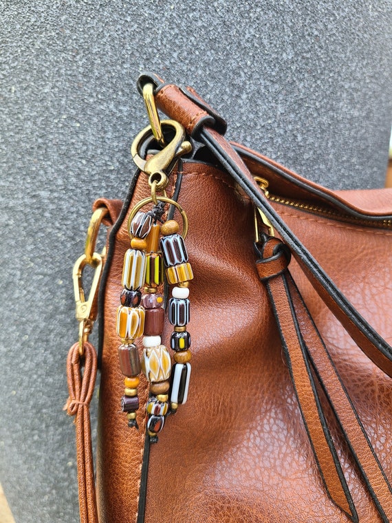 Multicolored Beaded Key Chain/Purse/Backpack Accessory; Handmade with Chevron Beads; Unisex; Silver, Brass or Copper Key Chain Metal