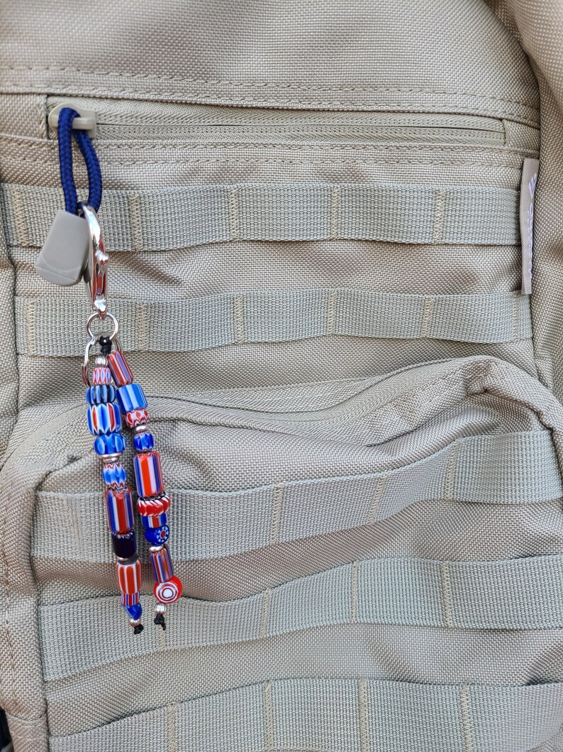 Puede incluir: Primer plano de una mochila beige con un bolsillo con cremallera. Un llavero plateado con cuentas rojas, blancas y azules cuelga del tirador de la cremallera.