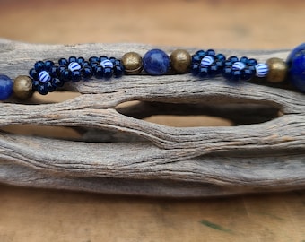 Handmade Deluxe Daisy Chain Boho Beaded Bracelet with Lapis Lazuli center; Silver, Gold, Brass or Copper Clasp; Great Gift; Fall, Indigo