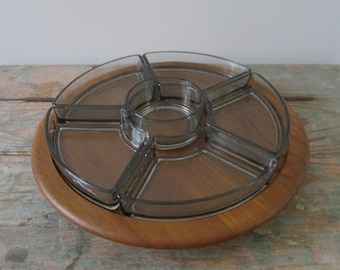 Digsmed Lazy Susan, Mid Century Cabaret, Schüsseln Set, Dänisches Design, dänisches Geschirr, dänisches Teak Tablett, vintage Digsmed, Dänisches SnackTablett