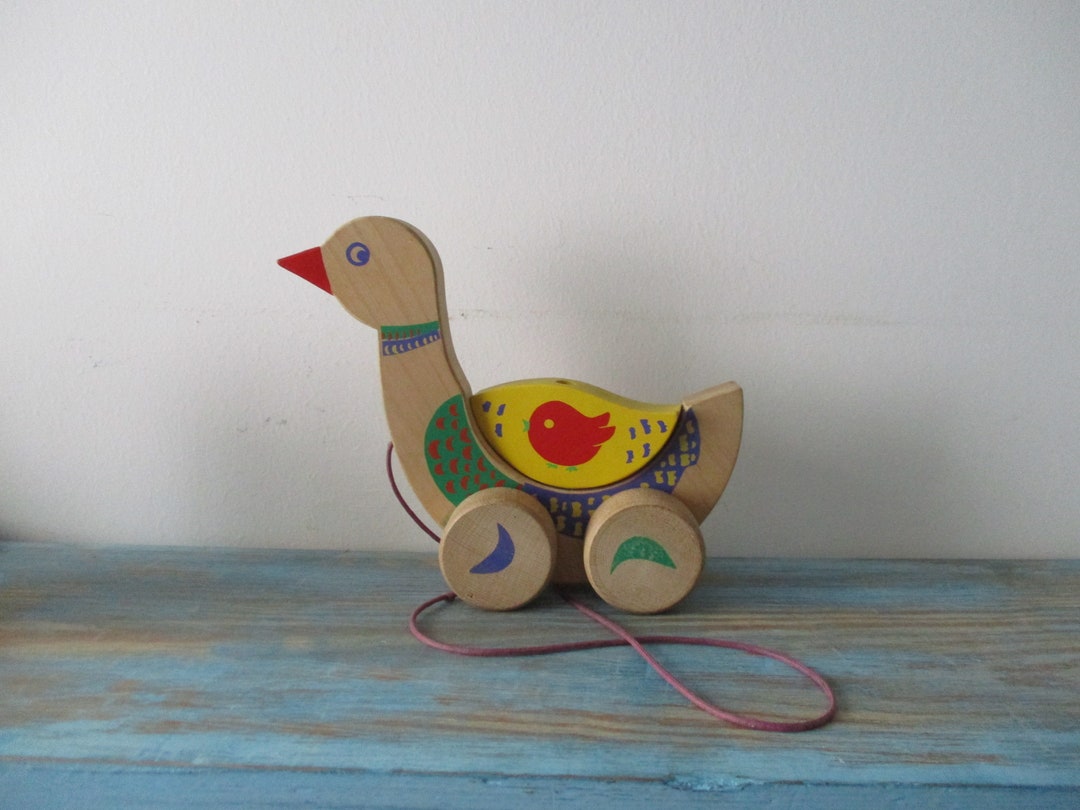 Push Pull Toy Duck, Duck Wheel Cart ,vintage Israeli Toys , Wooden Toys