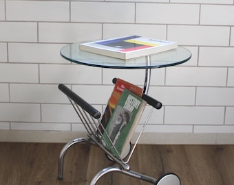 Chrome glass coffee table, Chromed Side Table with Magazine Rack, chromed coffee table  wheeled Tubular Chrome Frame, space age end table