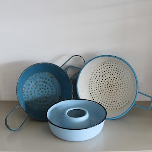 Danish enamelware set ,Blue enamelware ,Glud & Marstrand,Danish blue enamel ,Danish blue colander ,Danish blue cake mold, Danish kitchenware
