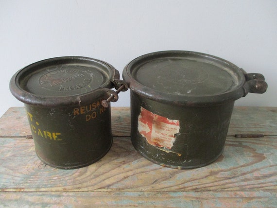 Tin Army 1950s Canisters , Reusable Containers Army Green