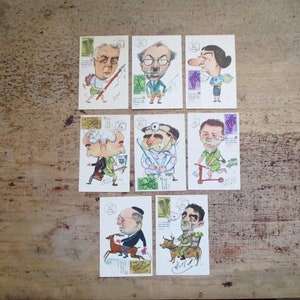 Israel Postcard lot, David Ben Gurion, Golda Meir,1958 Israeli government caricature postcards by Yoel Buchwaldpost ,First day issue stamps