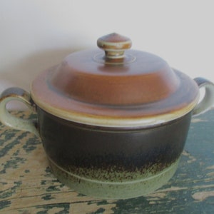 May include: A brown and green ceramic casserole dish with a lid. The dish has a speckled glaze and a rounded shape with two handles.