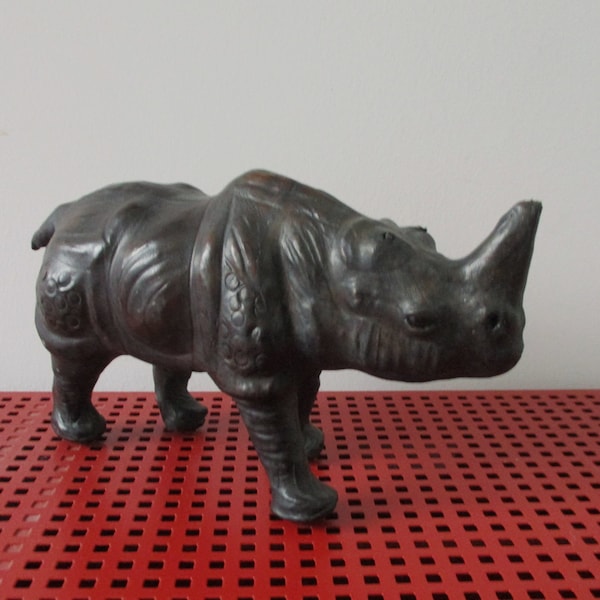 Leather Rhino ,vintage leather Rhino figure,  Leather animal décor , Leather Rhino statue ,leather rhinoceros