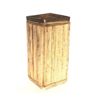 May include: A rectangular bamboo wastebasket with a dark metal rim. The wastebasket is constructed from vertical bamboo poles, creating a textured, natural look. The design is simple and functional, suitable for various interior styles.
