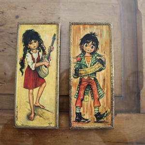 Vintage 1960s Idylle Wide Big Eyes Girl and boy with musical instruments Italy 1960s,Big eye children  art,F.Idylle Jolylle Wide Eye Prints