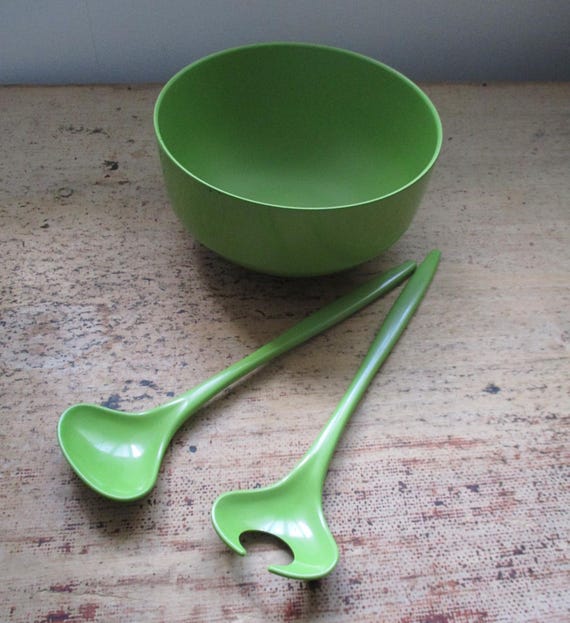 Mepal Grünes Salatbesteck, vintage, dänisches Salatbesteck, Salatgabel mit Löffel, grün Mepal Salatzange 2533 ,2534 ,Soren Andersen Salatschüssel 2044