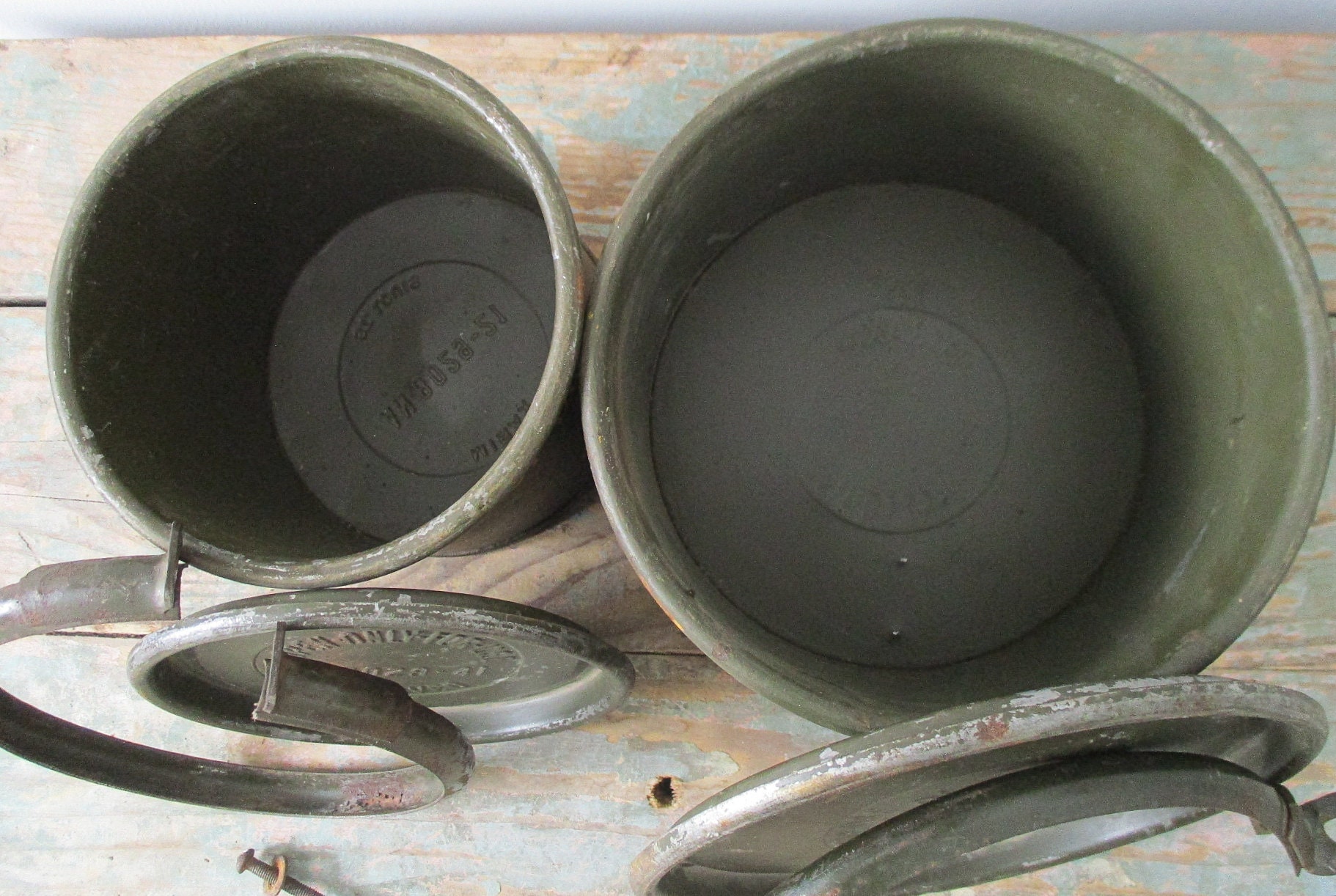 Tin Army 1950s Canisters , Reusable Containers Army Green