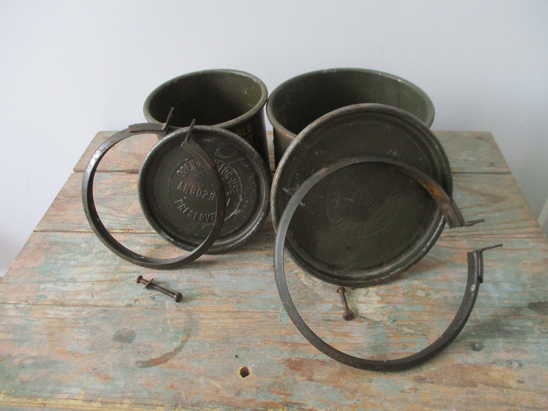 Tin Army 1950s Canisters , Reusable Containers Army Green
