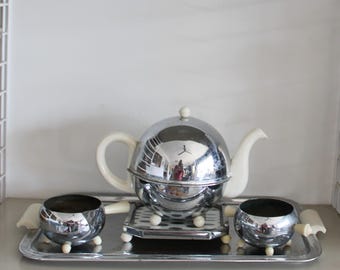 Ever Hot tea service, Art Deco tea service , Vintage ever Hot tea pot , Deco chromed teapot ,vintage English tea set , Art Deco teapot