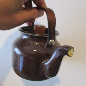 Brown enamel kettle , Chocolate Brown  Enamel Kettle, Teak wood handles,  Mid Century Retro Kitchen, Eames style enamelware,